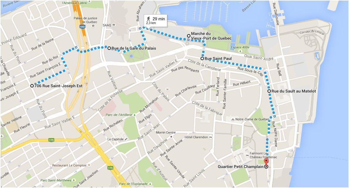 Mapa de la Ciudad de Quebec parte baja de la ciudad