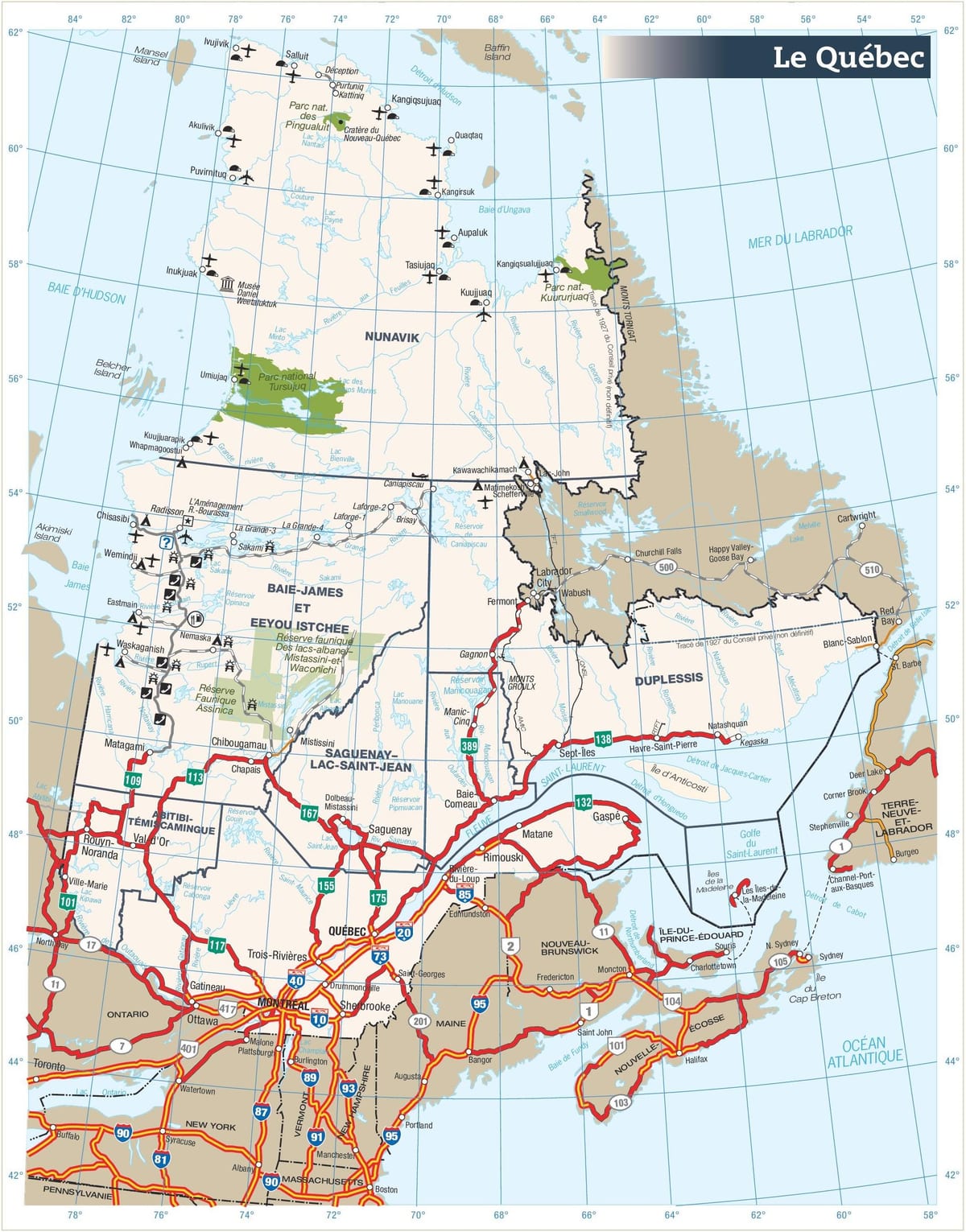 Mapa de carreteras de Quebec, canadá