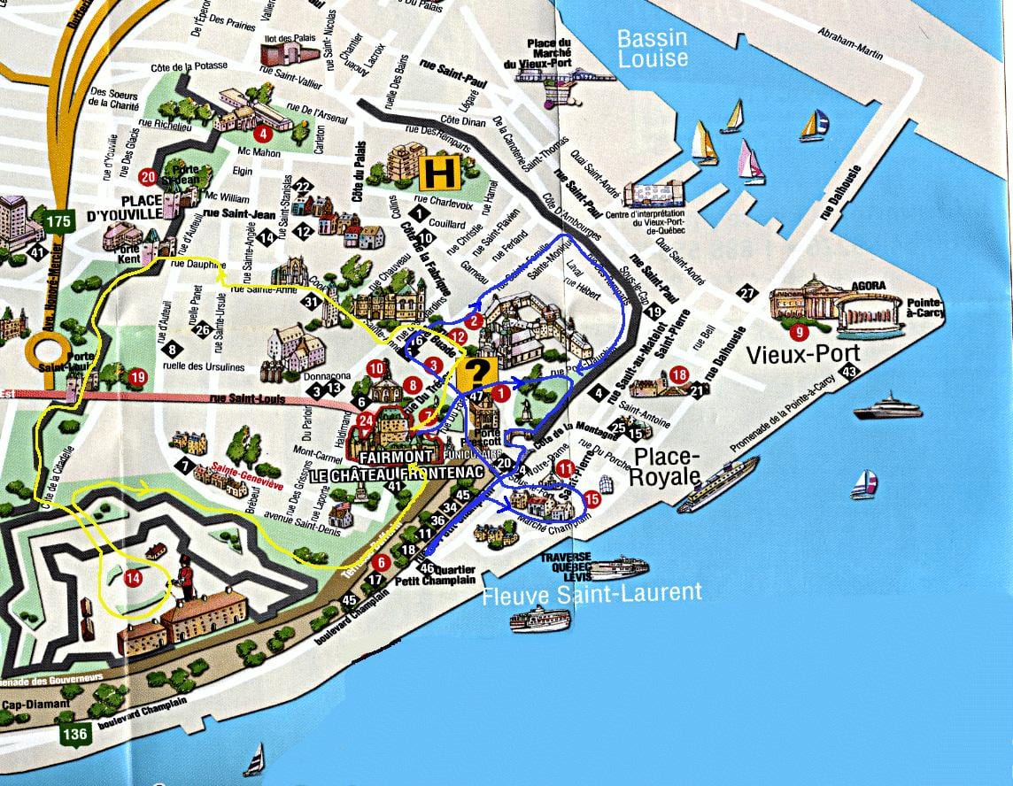 mapa del casco antiguo de Quebec, con lugares de interés